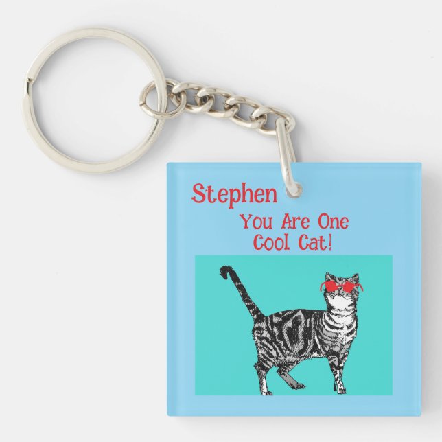 Happy Birthday You Cool Tabby Cat Mens Husband Keychain (Front)