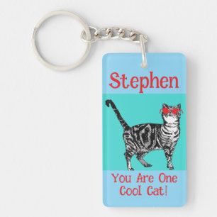 Happy Birthday You Cool Tabby Cat Mens Husband Keychain