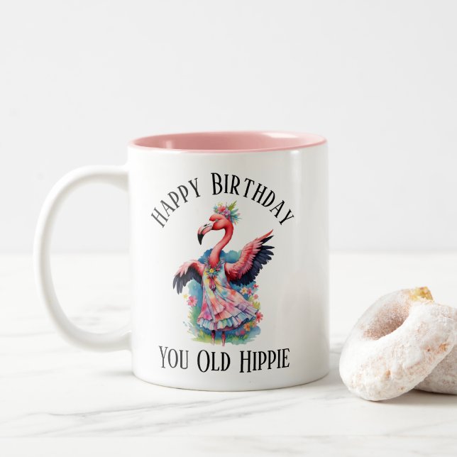 Happy Birthday You Old Hippie Seventies Retro Two-Tone Coffee Mug (With Donut)