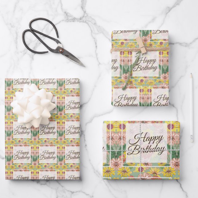 Happy Birthday Zinnia Flowers Wrapping Paper Sheets (Front)