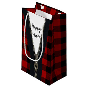 Happy Birthday Zipper On Buffalo Plaid  Small Gift Bag