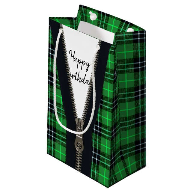 Happy Birthday Zipper On Tartan Plaid Small Gift Bag (Front Angled)