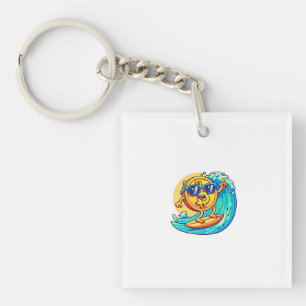 Happy Bitcoin Wearing Sunglasses Surfing a Blockch Keychain