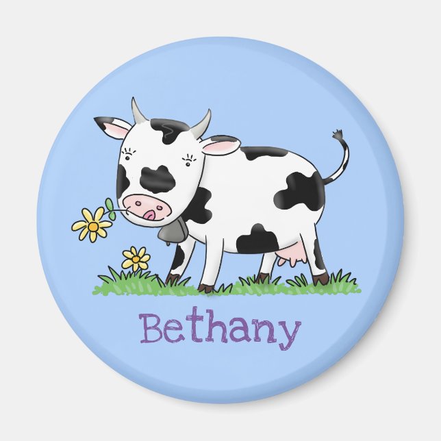 Happy black and white cow cartoon illustration magnet (Front)