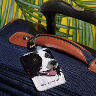  Happy Black and White Digital Art Border Collie  Luggage Tag