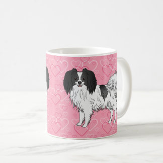Happy Black And White Phalène Dog On Pink Hearts Coffee Mug