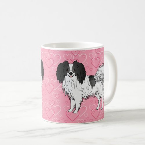 Happy Black And White Phalne Dog On Pink Hearts Coffee Mug