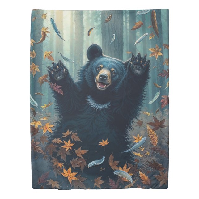 Happy Black Bear Tossing Leaves Duvet Cover (Front)