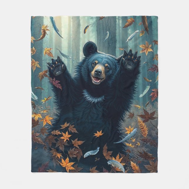 Happy Black Bear Tossing Leaves Fleece Blanket (Front)