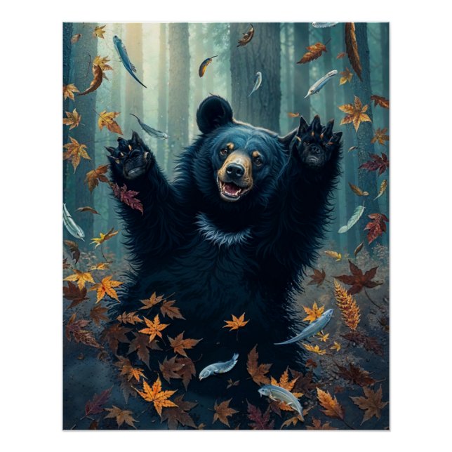 Happy Black Bear Tossing Leaves Poster (Front)