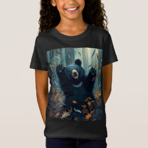 Happy Black Bear Tossing Leaves T-Shirt