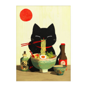 Happy Black Cat Eating Ramen Japanese Ukiyo-e Acrylic Print