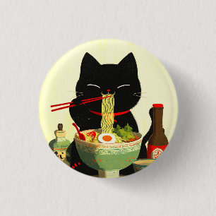 Happy Black Cat Eating Ramen   Japanese Ukiyo-e Button