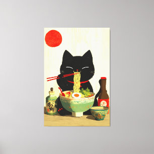 Happy Black Cat Eating Ramen Japanese Ukiyo-e Canvas Print