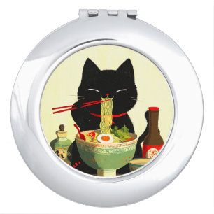 Happy Black Cat Eating Ramen   Japanese Ukiyo-e Compact Mirror