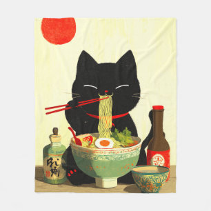 Happy Black Cat Eating Ramen Japanese Ukiyo-e Fleece Blanket