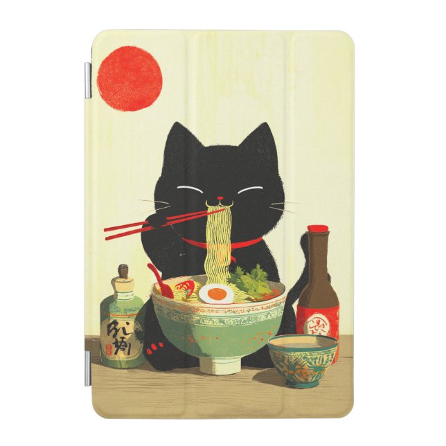 Happy Black Cat Eating Ramen | Japanese Ukiyo-e iPad Mini Cover (Front)