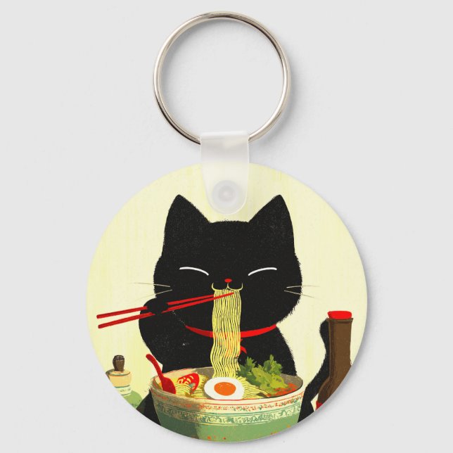 Happy Black Cat Eating Ramen | Japanese Ukiyo-e Keychain (Front)