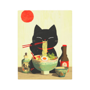 Happy Black Cat Eating Ramen Japanese Ukiyo-e Metal Print