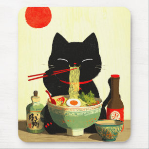 Happy Black Cat Eating Ramen Japanese Ukiyo-e Mouse Pad