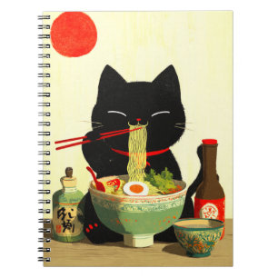 Happy Black Cat Eating Ramen   Japanese Ukiyo-e Notebook
