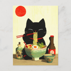 Happy Black Cat Eating Ramen   Japanese Ukiyo-e Postcard
