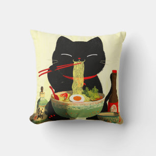 Happy Black Cat Eating Ramen   Japanese Ukiyo-e Throw Pillow