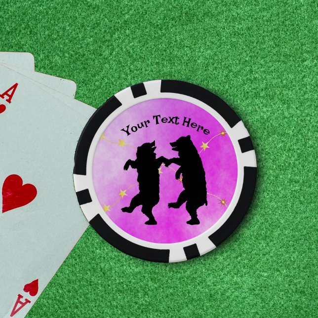 Happy Black Dancing Bears String of Stars Pink Poker Chips (Happy dancing black bears string of glowing gold stars on shades of pink poker chips.)