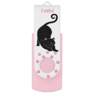 Happy black kitty cat & pink flowers flash drive