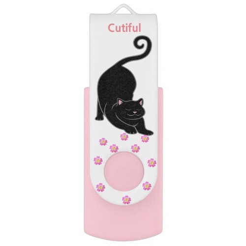 Happy black kitty cat  pink flowers flash drive