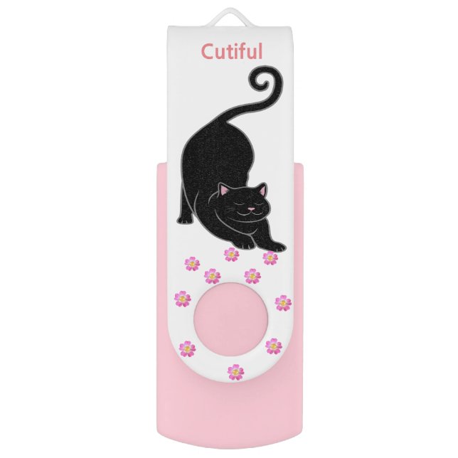Happy black kitty cat & pink flowers flash drive (Front Vertical)