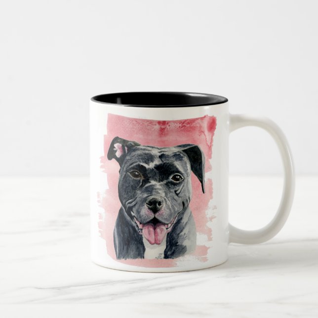 Happy Black Pitbull Dog Watercolor Painting Two-Tone Coffee Mug (Right)