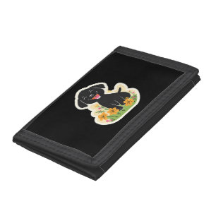 Happy Black Puppy in Wildflowers Tri-fold Wallet
