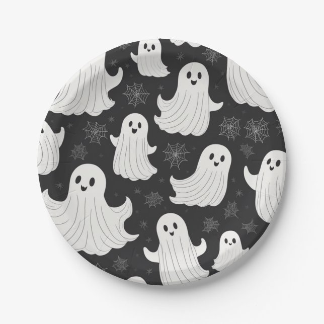 Happy Black & White Halloween Ghost Paper Plates (Front)