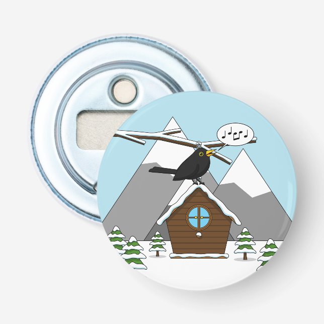 Happy Blackbird Singing in Winter Landscape Bottle Opener (Front)