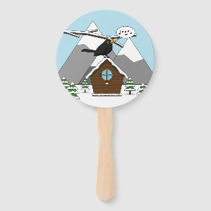 Happy Blackbird Singing in Winter Landscape Hand Fan