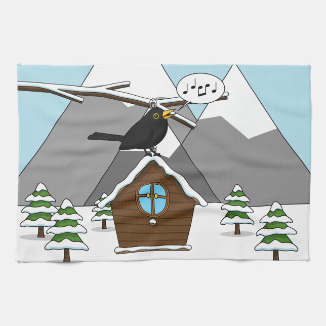 Happy Blackbird Singing in Winter Landscape Kitchen Towel (Horizontal)