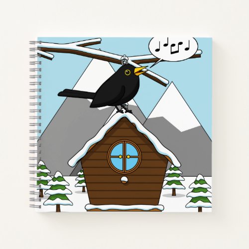 Happy Blackbird Singing in Winter Landscape Notebook