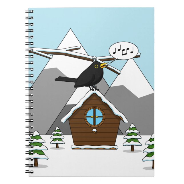 Happy Blackbird Singing in Winter Landscape Notebook (Front)