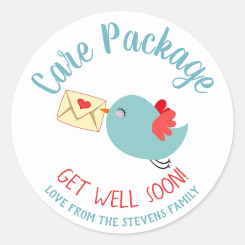 Happy Blue Bird Heart Envelope Care Package Classic Round Sticker