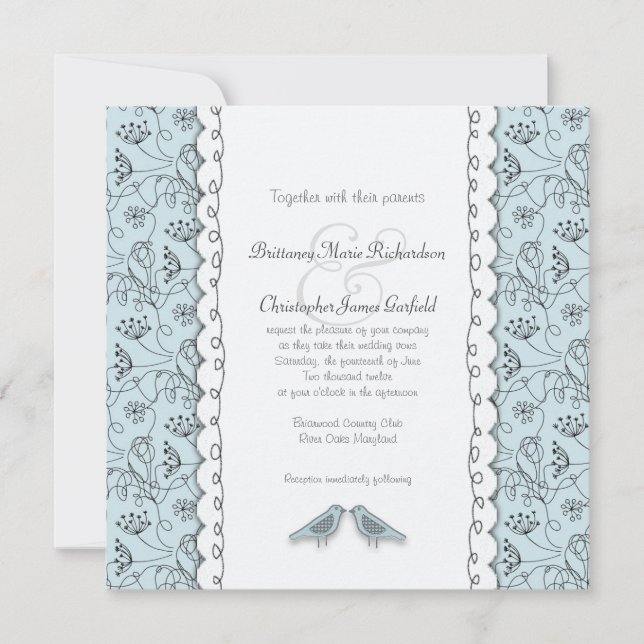 Happy Blue Birds Wedding Doodle Trendy Square Invitation (Front)