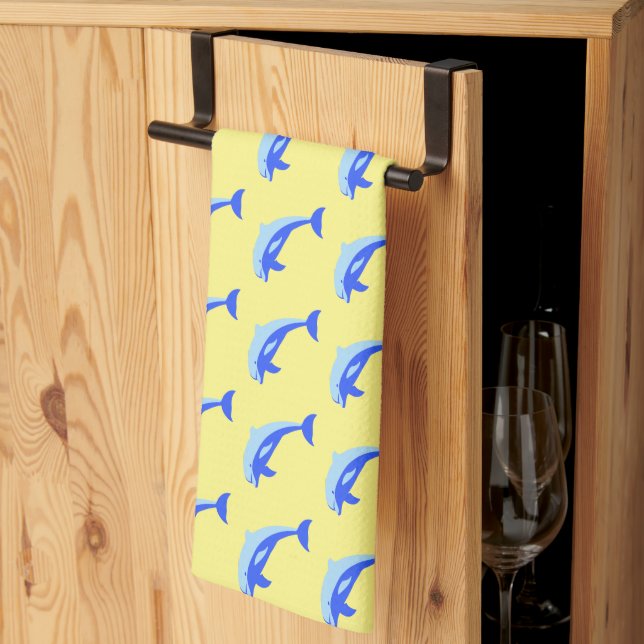 Happy Blue Dolphin, Cute Tropical Ocean Cartoon Kitchen Towel (Thirds Fold)