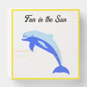 Happy Blue Dolphin, Cute Tropical Ocean Cartoon Wooden Box Sign