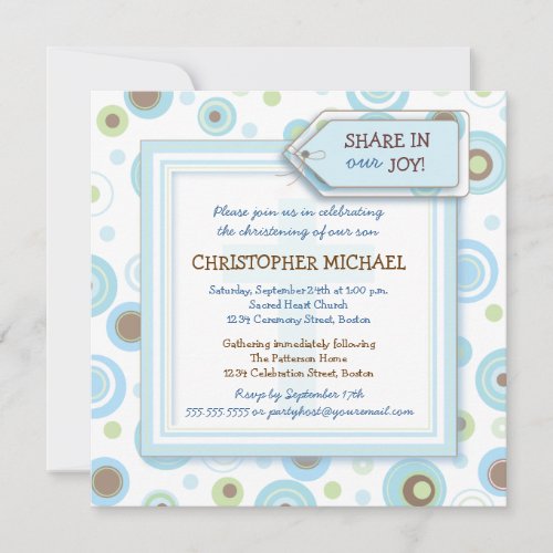 Happy Blue Dots Baby Boy Christening Invitation