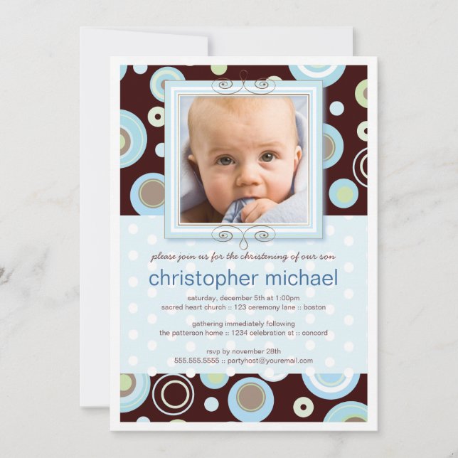 Happy Blue Dots Baby Photo Christening Invitation (Front)