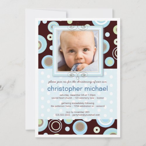Happy Blue Dots Baby Photo Christening Invitation