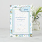 Happy Blue Dots Boy Baby Shower Invitation (Standing Front)