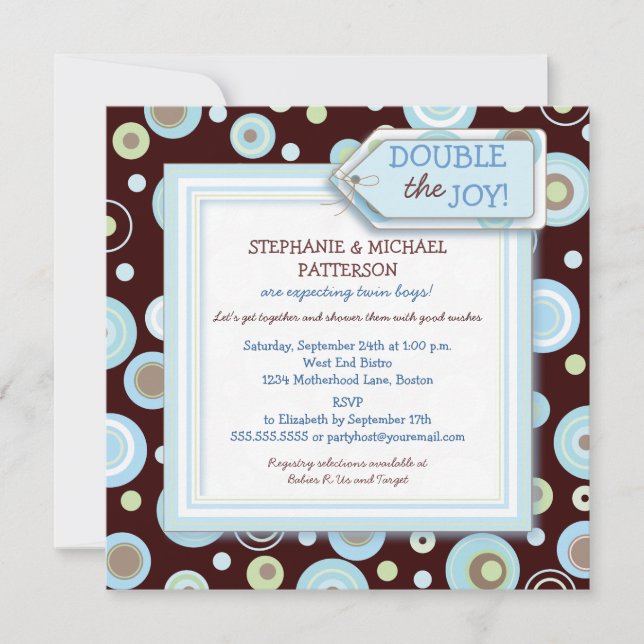 Happy Blue Dots Twin Boy Couples Baby Shower Invitation (Front)