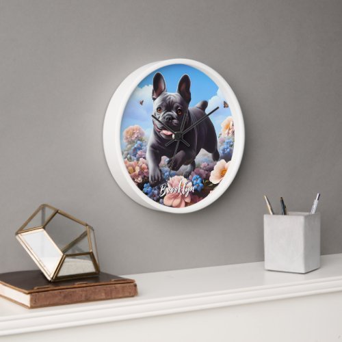 Happy Blue French Bulldog  Flowers  Clock