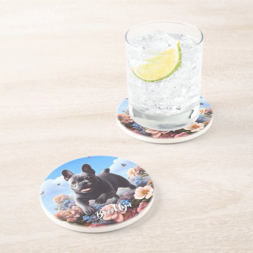 Happy Blue French Bulldog  Flowers  Coaster